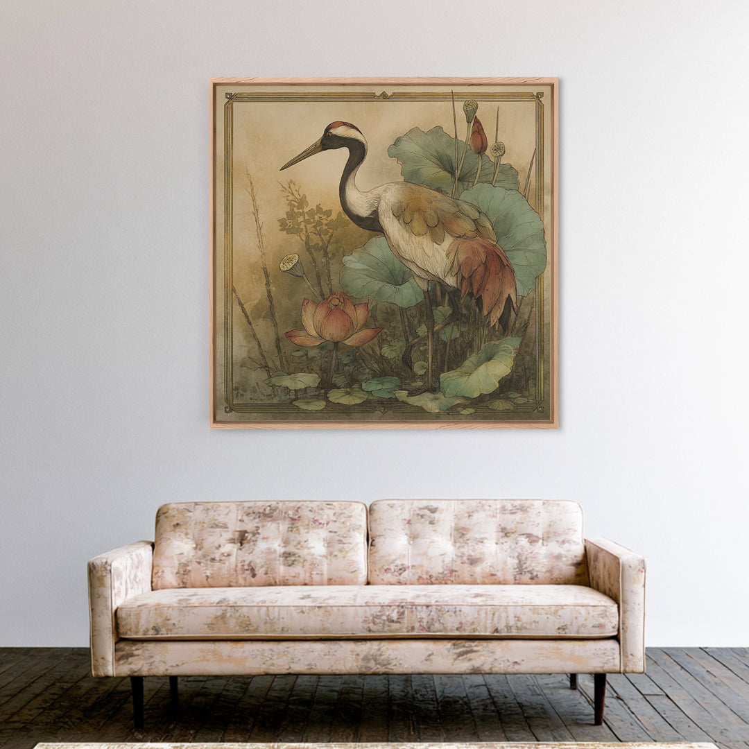 Crane and Lotus Composition Framed Canvas Print, Bird Art, Gallery Decor, Living Room Decor, Fine Art, Flight, Contemporary Art, BIR-1x1-41
