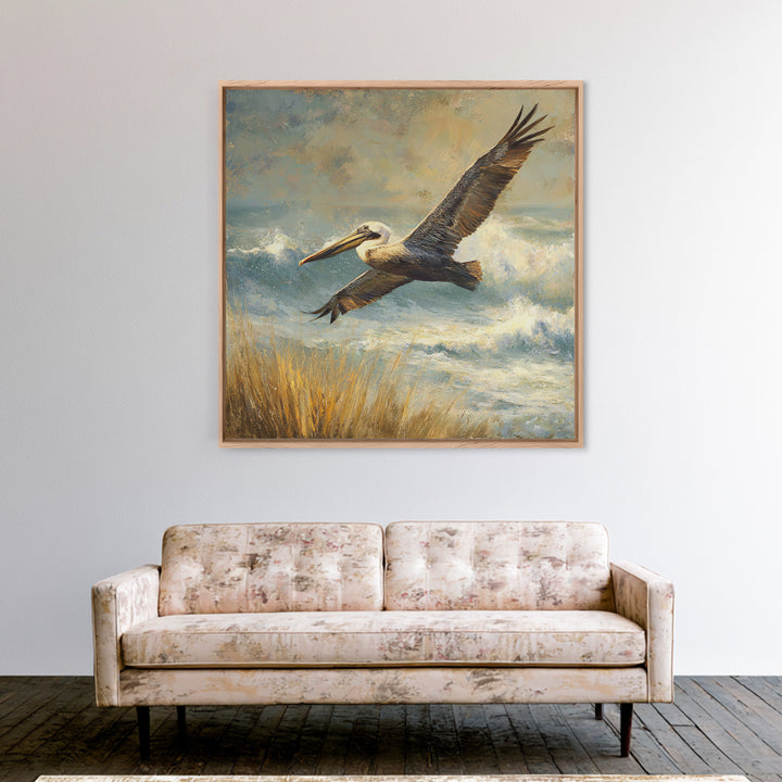 Pelican Flying over Coastal Waves Framed Canvas Print, Bird Art, Digital Download Art, Living Room Decor, Abstract Art, Flight, BIR-1x1-42