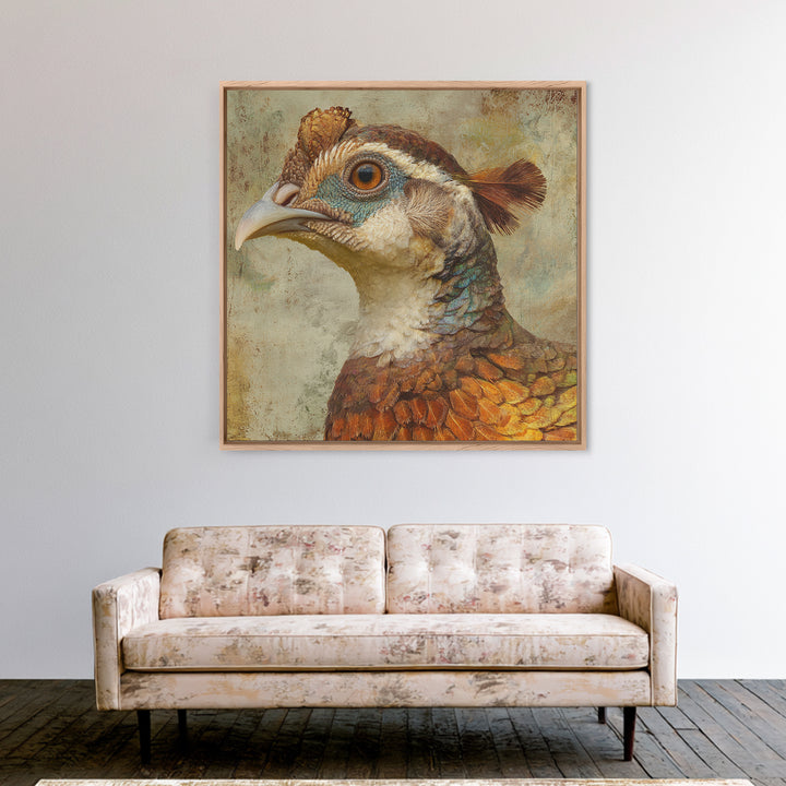 Pheasant with Ornate Feather Details Framed Canvas Print, Bird Art, Mcm Decor, Living Room Decor, Oil Painting, Flight, BIR-1x1-43