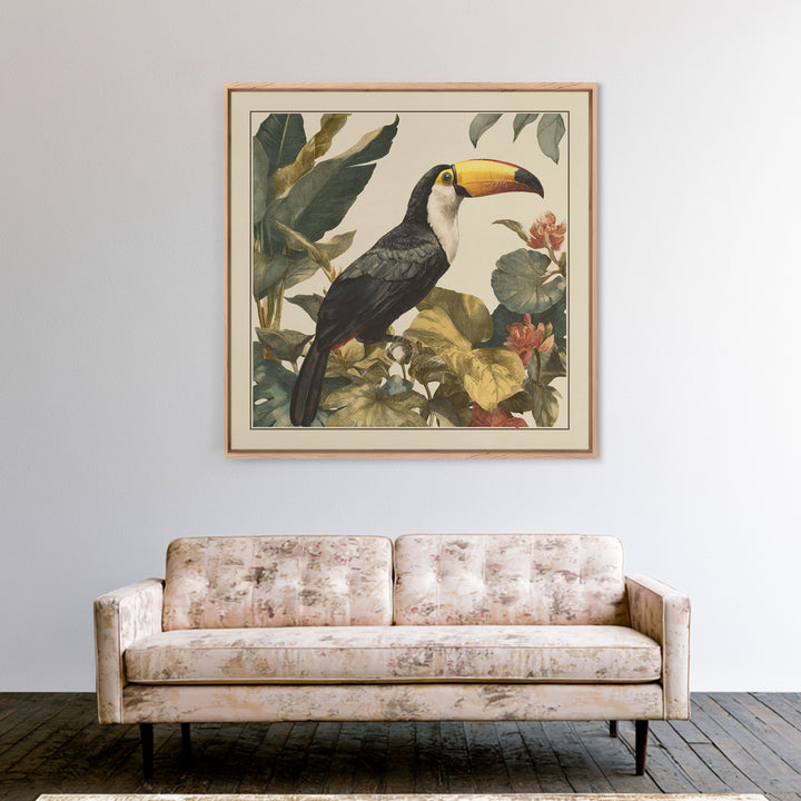 Toucan Framed by Bold Jungle Foliage Framed Canvas Print, Bird Art, Boho Wall Decor, Living Room Decor, Fine Art, Flight, BIR-1x1-47