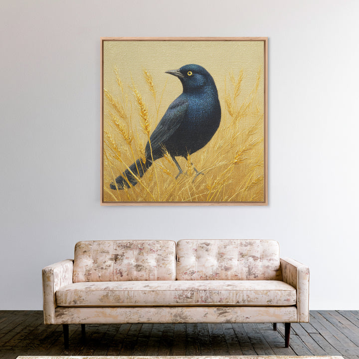 Blackbird on Gold Wheat Field Framed Canvas Print, Bird Art, Wall Decor, Living Room Decor, Fine Art, Flight, Boho Wall Decor, BIR-1x1-48