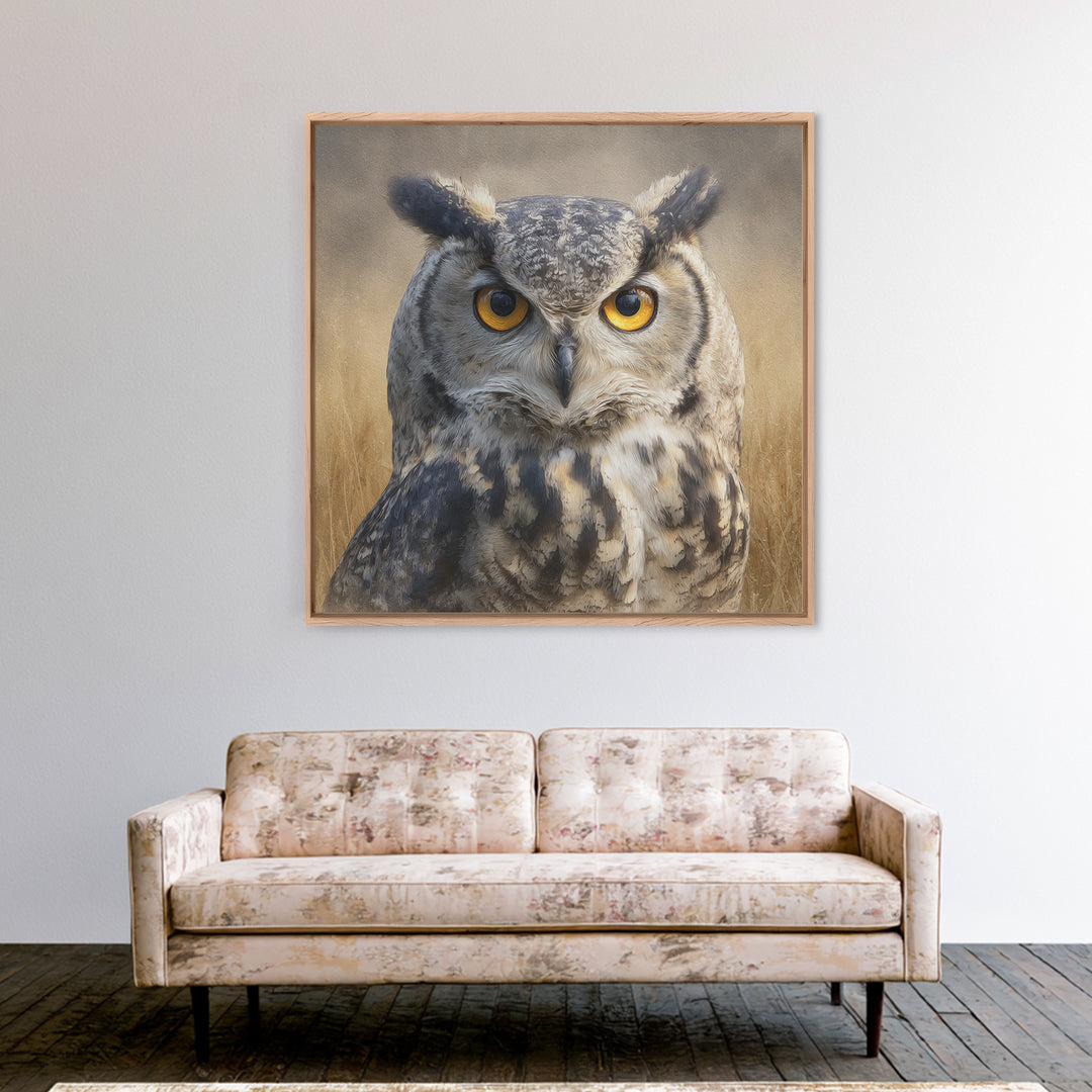 Owl Portrait with Wise Golden Eyes Canvas Print, Bird Art, Rustic Home Decor, Living Room Decor, Oil Painting, Flight, BIR-1x1-5