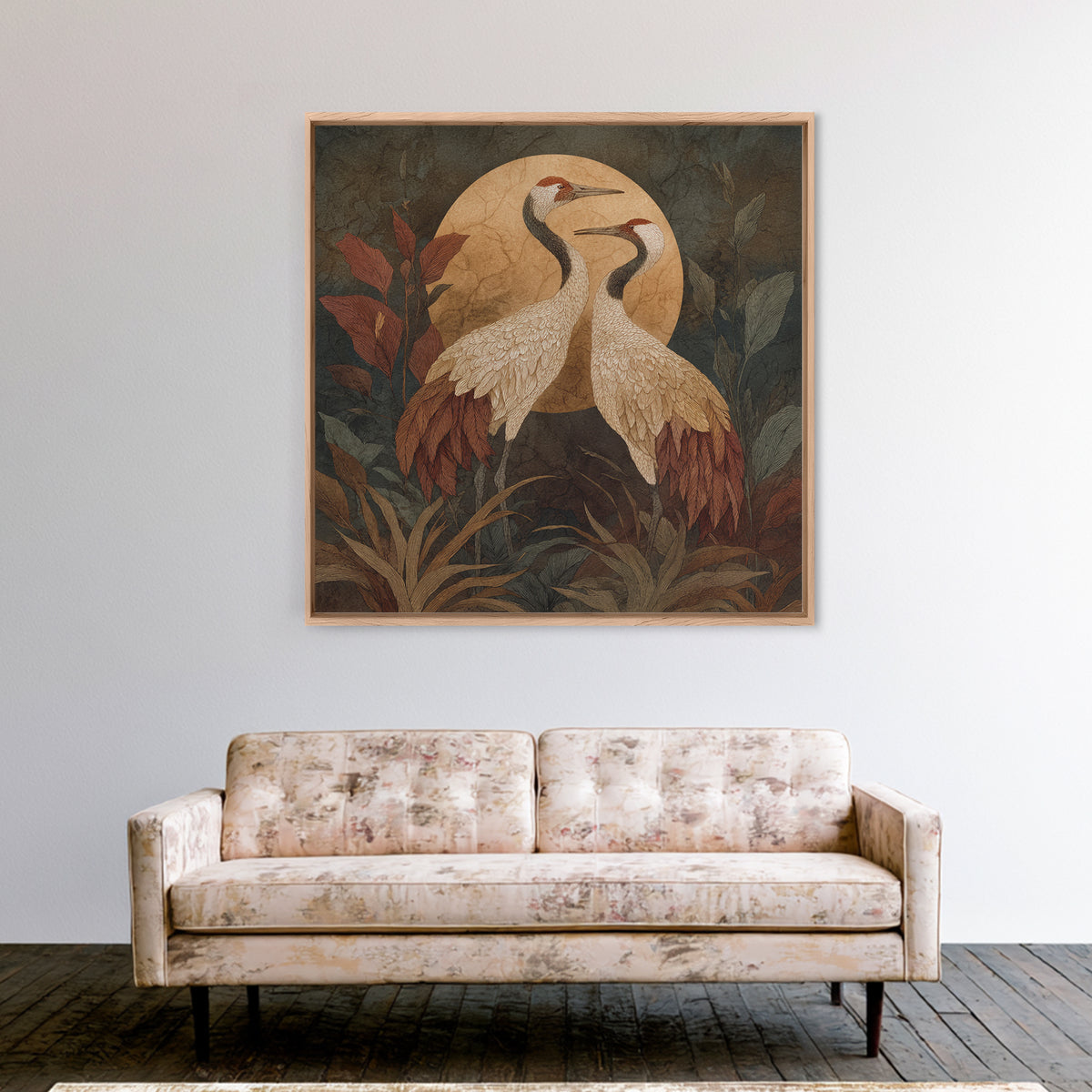 Pair of Cranes Dancing Framed Canvas Print, Bird Art, Nature Wall Art, Living Room Decor, Oil Painting, Flight, BIR-1x1-51