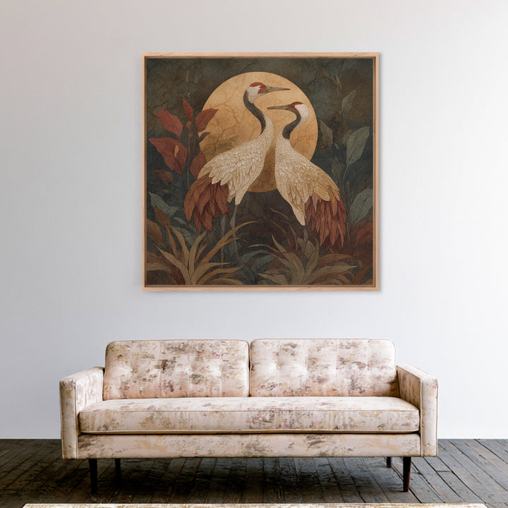 Pair of Cranes Dancing Framed Canvas Print, Bird Art, Nature Wall Art, Living Room Decor, Oil Painting, Flight, BIR-1x1-51