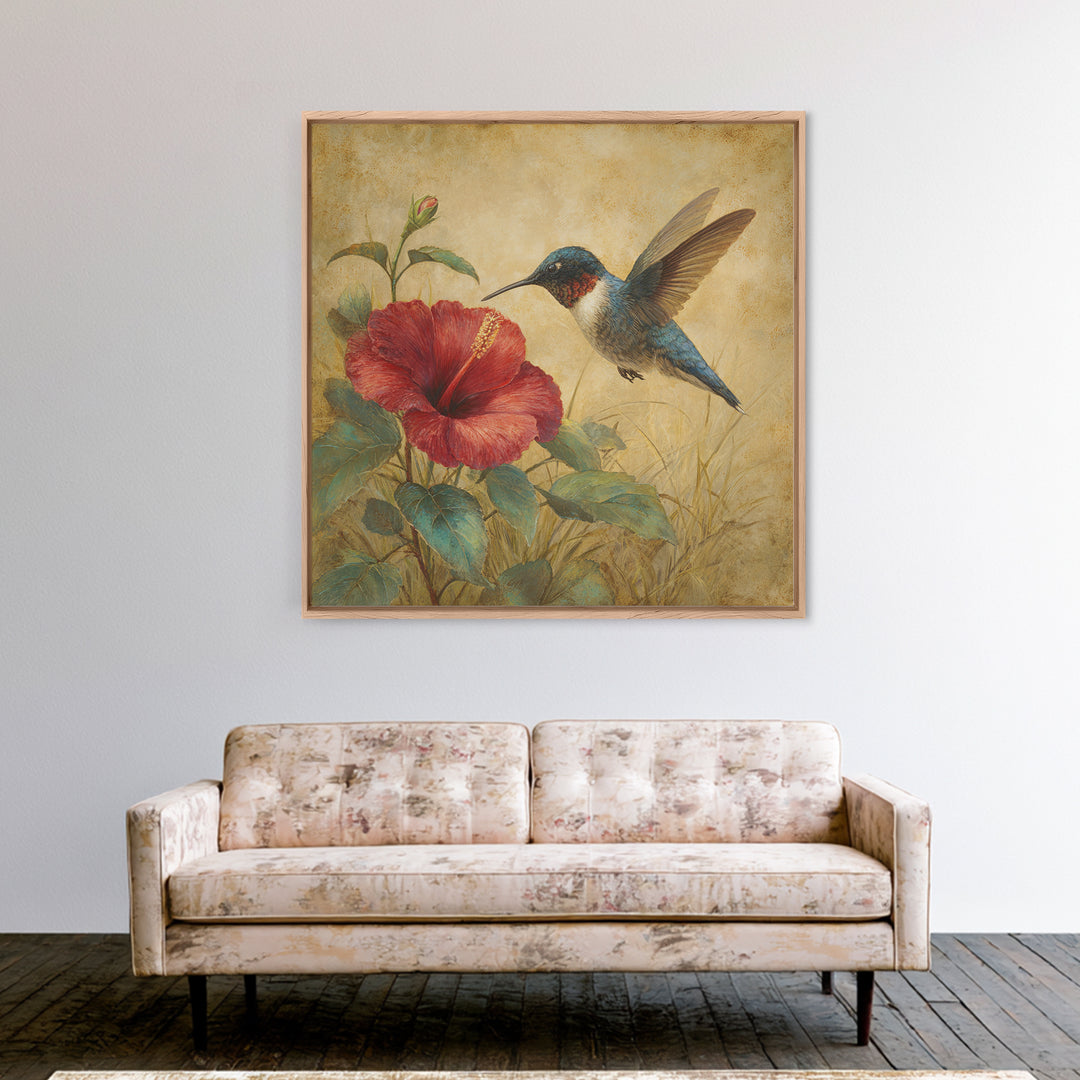 Hummingbird Hovering Beside Bright Hibiscus Framed Canvas Print, Bird Art, Gallery Wall, Living Room Decor, Fine Art, Flight, BIR-1x1-52