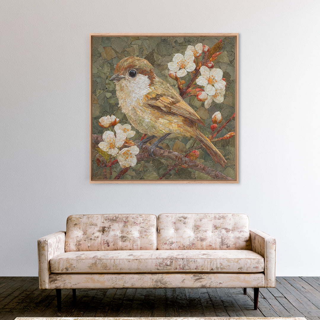 Songbird Perched on Cherry Blossoms Framed Canvas Print, Bird Art, Farmhouse Decor, Living Room Decor, Fine Art, Flight, BIR-1x1-56