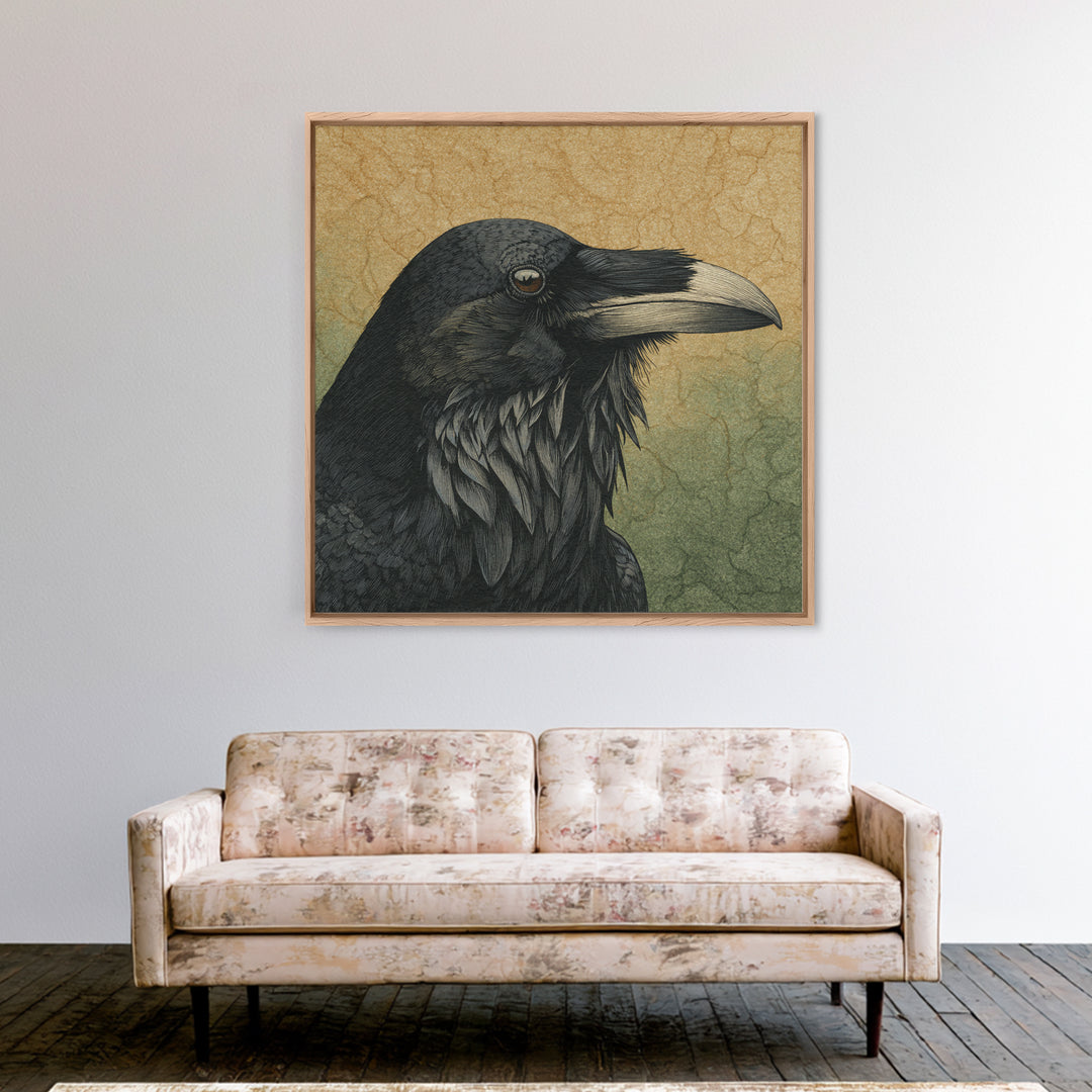 Raven Silhouette with Gothic Atmosphere Framed Canvas Print, Bird Art, Statement Artwork, Living Room Decor, Abstract Art, BIR-1x1-57