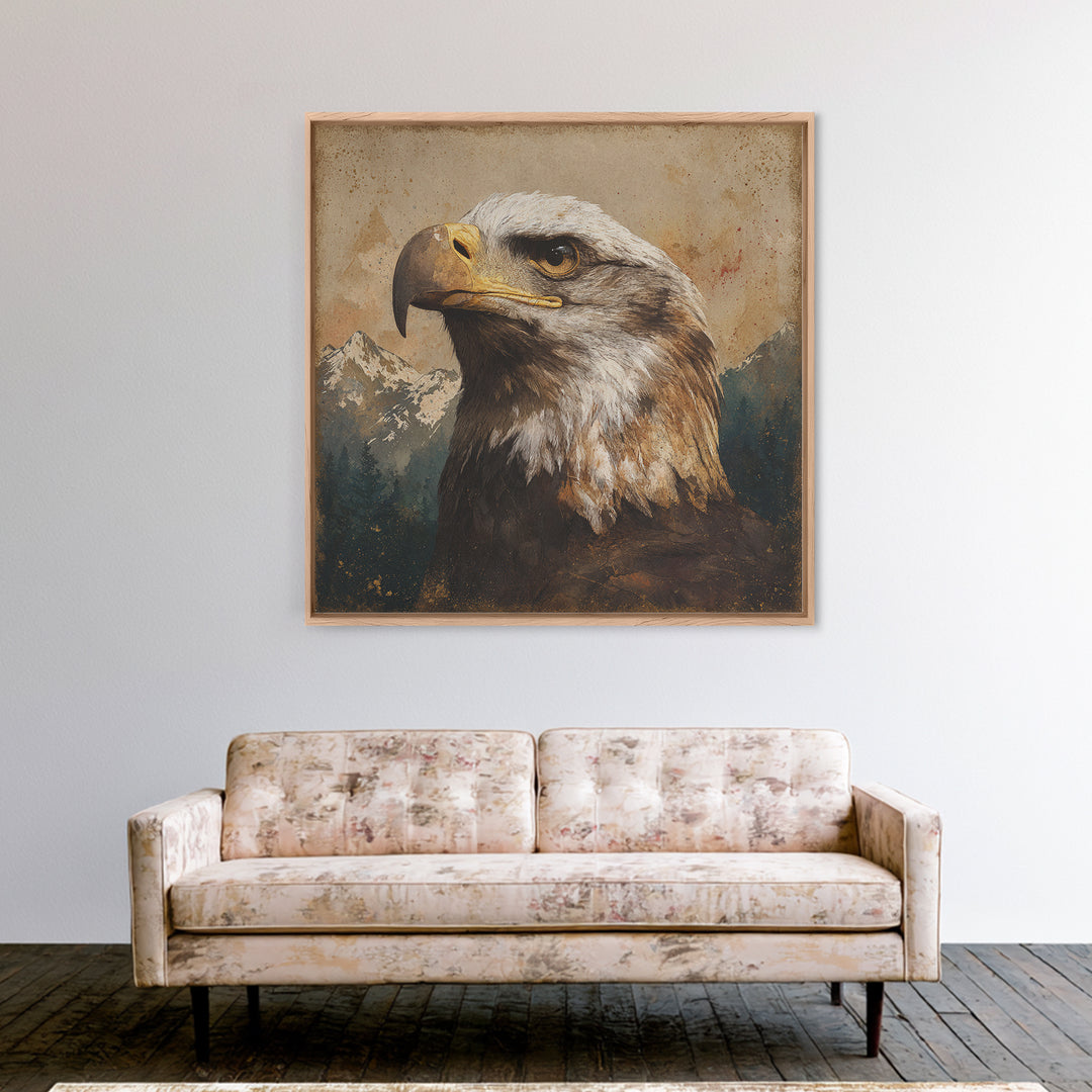 Eagle Portrait with Dramatic Mountain Wind Canvas Print, Bird Art, Bird Prints, Living Room Decor, Flight, Modern Decor, BIR-1x1-60