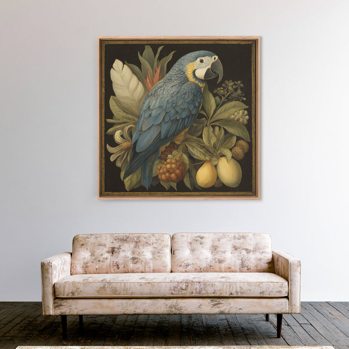 Parrot Among Tropical Leaves and Fruit Framed Canvas Print, Bird Art, Forest Wall Art, Living Room Decor, Oil Painting, Flight, BIR-1x1-61