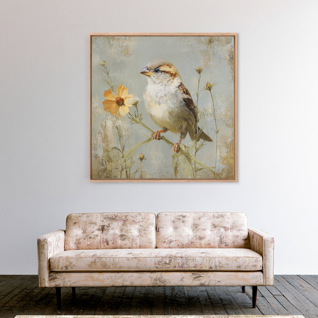 Small Sparrow on Wildflower Stem Framed Canvas Print, Bird Art, Nature Wall Art, Living Room Decor, Fine Art, Flight, BIR-1x1-62