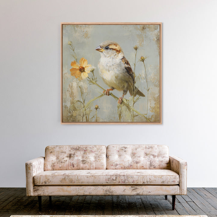 Small Sparrow on Wildflower Stem Framed Canvas Print, Bird Art, Nature Wall Art, Living Room Decor, Fine Art, Flight, BIR-1x1-62