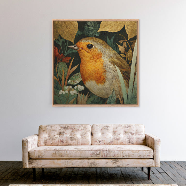 Robin in a Spring Garden with Soft Framed Canvas Print, Bird Art, Forest Wall Art, Living Room Decor, Oil Painting, Flight, BIR-1x1-63