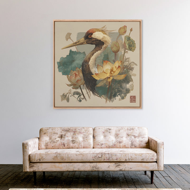 Crane and Lotus Composition Framed Canvas Print, Bird Art, Gallery Decor, Living Room Decor, Fine Art, Flight, Contemporary Art, BIR-1x1-65
