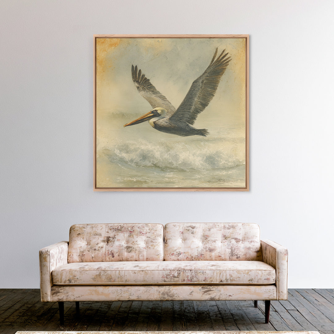 Pelican Flying over Coastal Waves Framed Canvas Print, Bird Art, Digital Download Art, Living Room Decor, Abstract Art, Flight, BIR-1x1-66