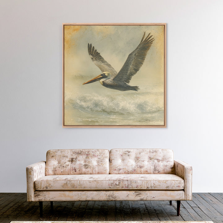 Pelican Flying over Coastal Waves Framed Canvas Print, Bird Art, Digital Download Art, Living Room Decor, Abstract Art, Flight, BIR-1x1-66