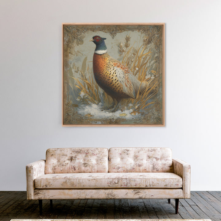 Pheasant with Ornate Feather Details Framed Canvas Print, Bird Art, Gallery Decor, Living Room Decor, Fine Art, Flight, BIR-1x1-67