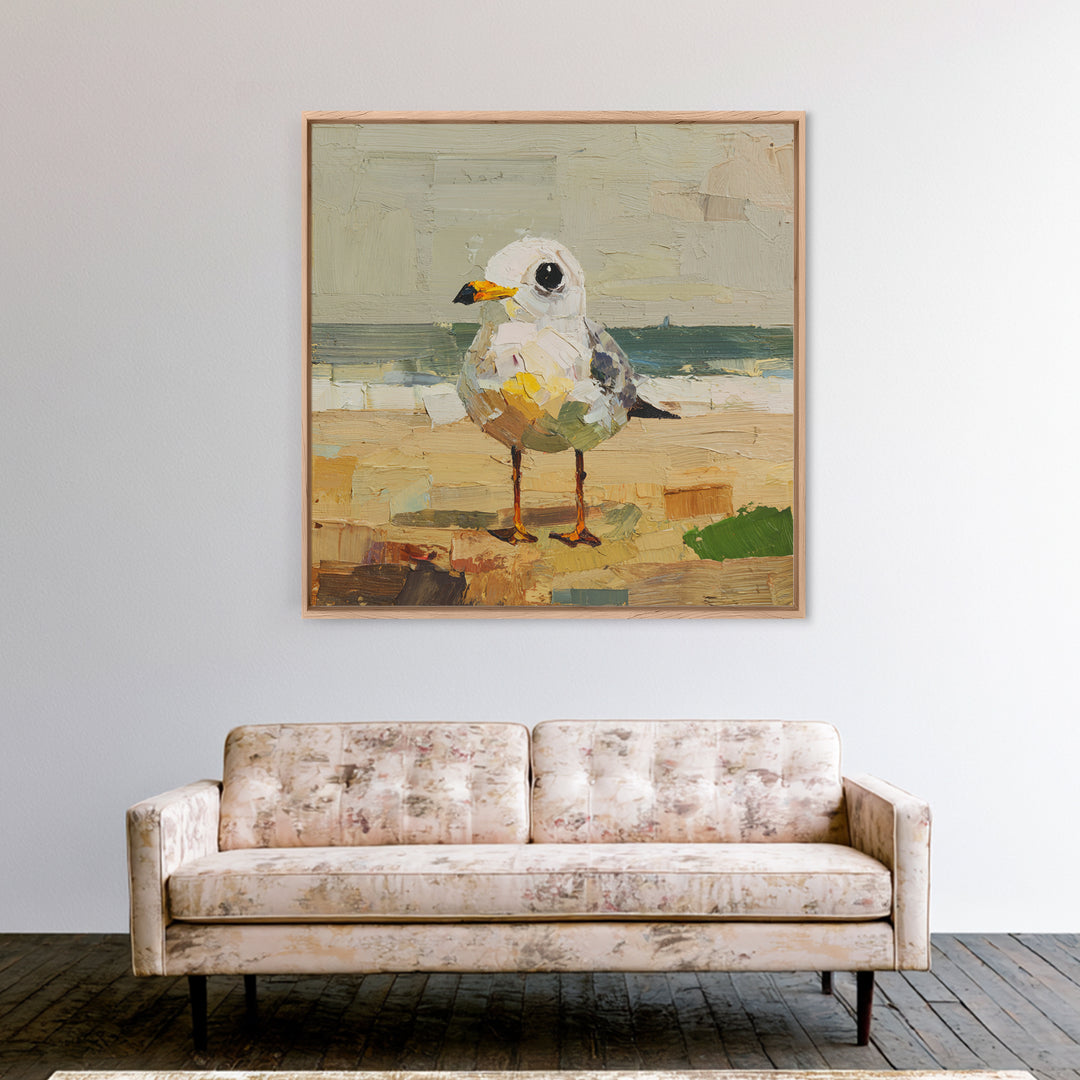 Seagulls Above a Pale Beach Horizon Framed Canvas Print, Bird Art, Digital Download Art, Living Room Decor, Oil Painting, BIR-1x1-68