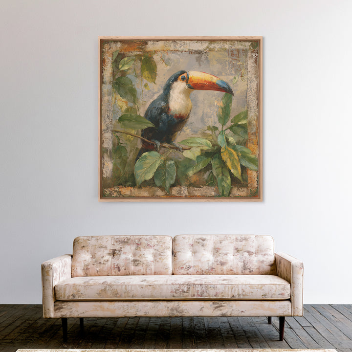 Toucan Framed by Bold Jungle Foliage Framed Canvas Print, Bird Art, Bird Wall Art, Living Room Decor, Fine Art, Flight, BIR-1x1-71