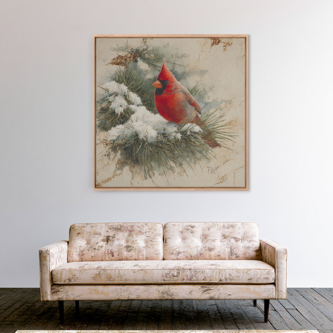 Red Cardinal on Snowy Pine Branch Framed Canvas Print, Bird Art, Art Print, Living Room Decor, Fine Art, Flight, Original Art, BIR-1x1-73