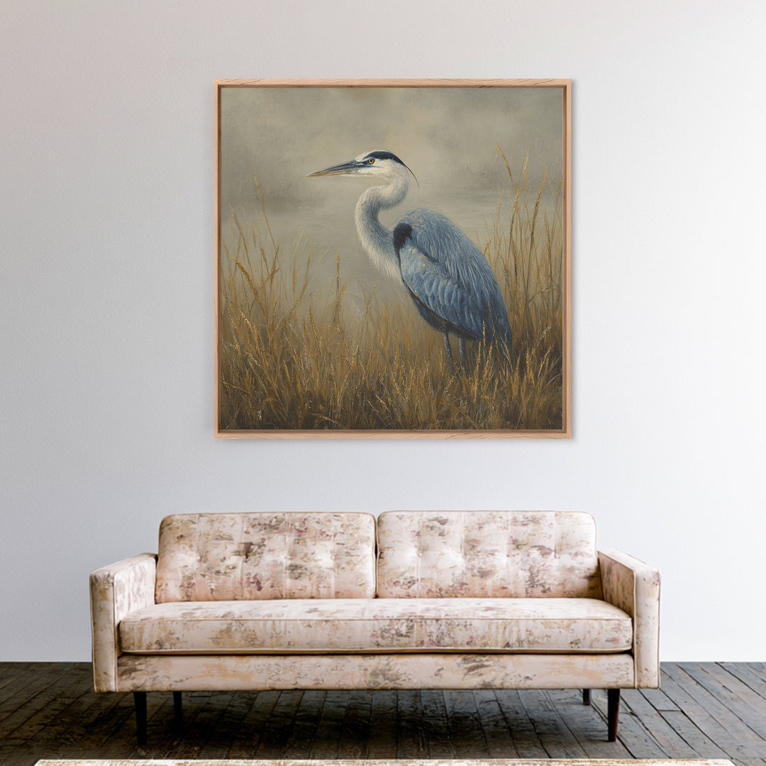 Blue Heron in Misty Marsh Grass Framed Canvas Print, Bird Art, Forest Wall Art, Living Room Decor, Flight, Minimalist Decor, BIR-1x1-74