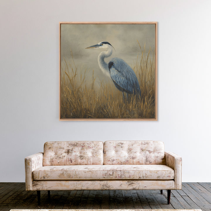 Blue Heron in Misty Marsh Grass Framed Canvas Print, Bird Art, Forest Wall Art, Living Room Decor, Flight, Minimalist Decor, BIR-1x1-74