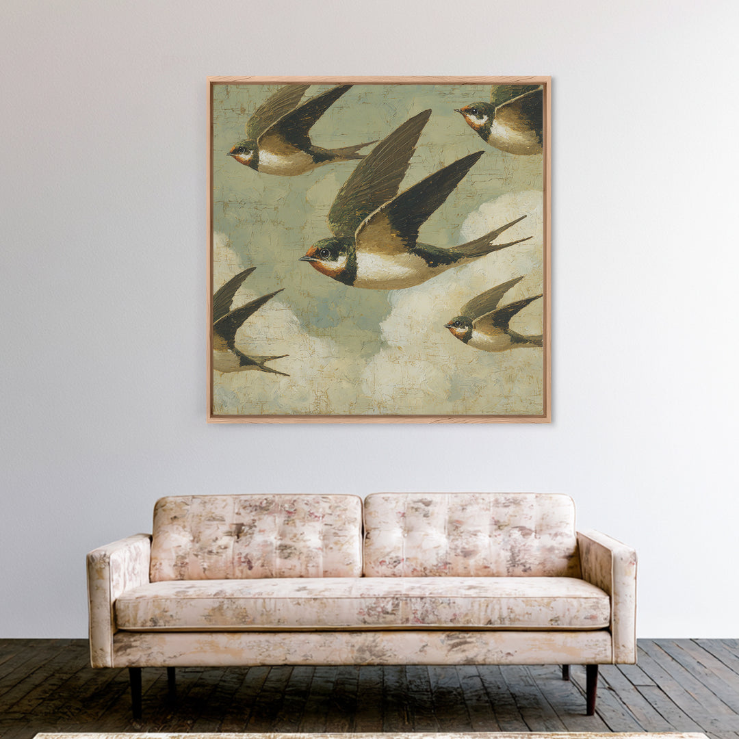 Flock of Swallows Sweeping Across Open Sky Framed Canvas Print, Bird Art, Gallery Decor, Living Room Decor, Fine Art, Flight, BIR-1x1-78