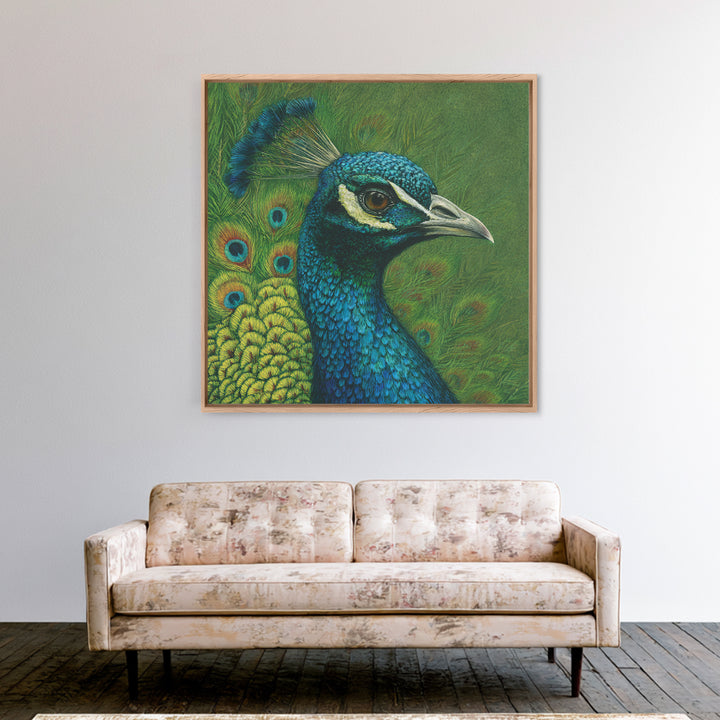 Peacock with Jewel Tone Feather Pattern Framed Canvas Print, Bird Art, Fine Art Print, Living Room Decor, Oil Painting, Flight, BIR-1x1-79