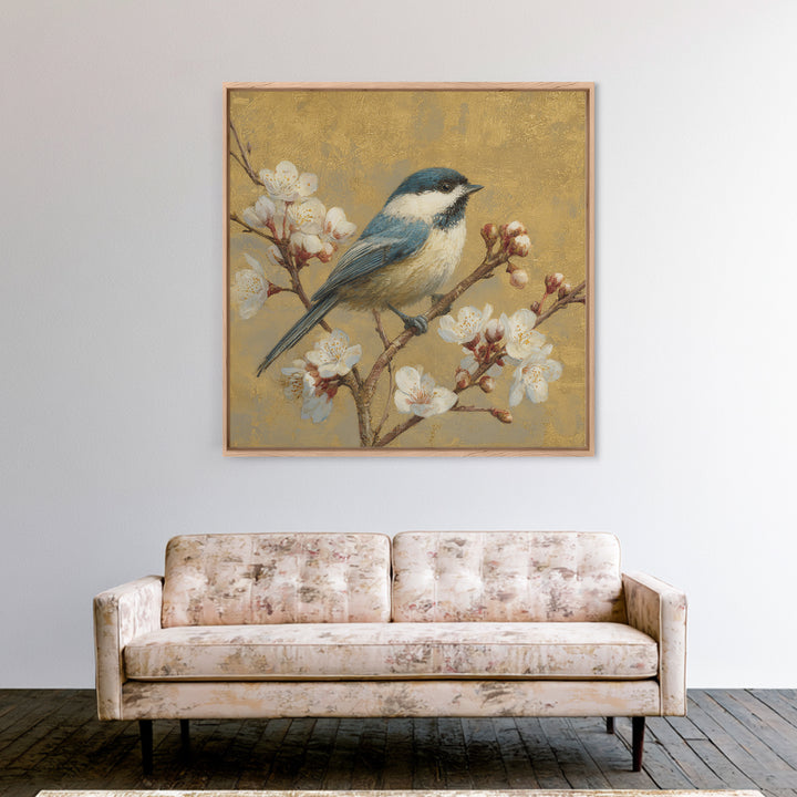 Songbird Perched on Cherry Blossoms Framed Canvas Print, Bird Art, Digital Print, Living Room Decor, Fine Art, Flight, BIR-1x1-8