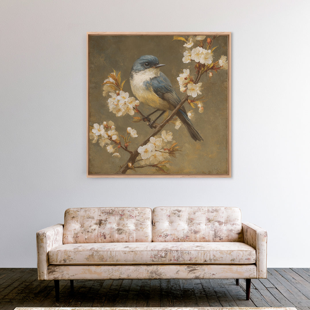 Songbird Perched on Cherry Blossoms Framed Canvas Print, Bird Art, Modern Decor, Living Room Decor, Fine Art, Flight, BIR-1x1-80