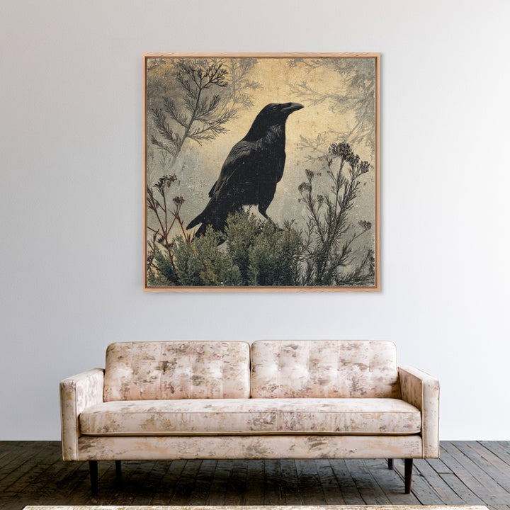 Raven Silhouette with Gothic Atmosphere Canvas Print, Bird Art, Textured Painting, Living Room Decor, Fine Art, Flight, BIR-1x1-81