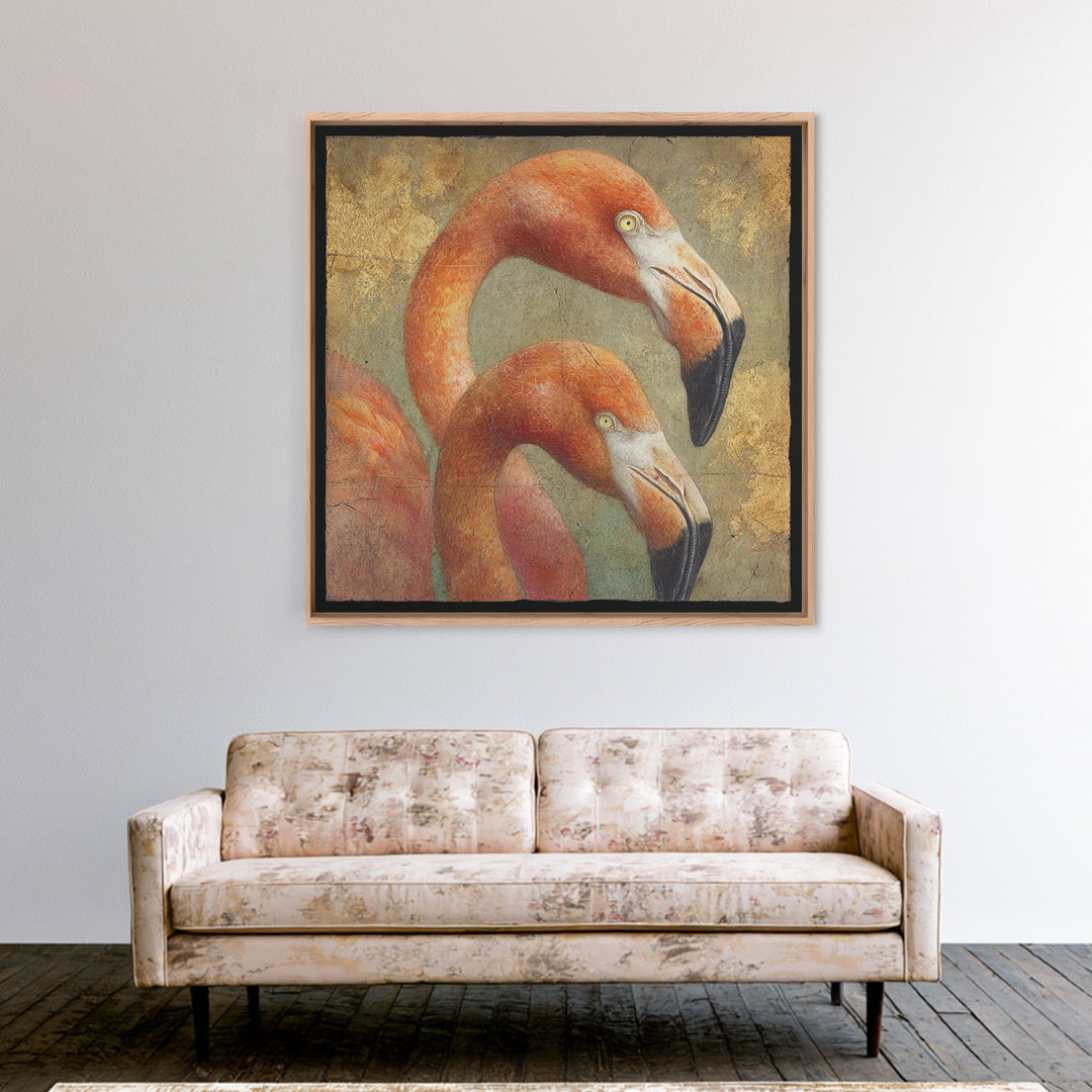 Flamingo Pair in Coral Water Reflections Canvas Print, Bird Art, Neutral Decor, Living Room Decor, Oil Painting, Flight, BIR-1x1-82