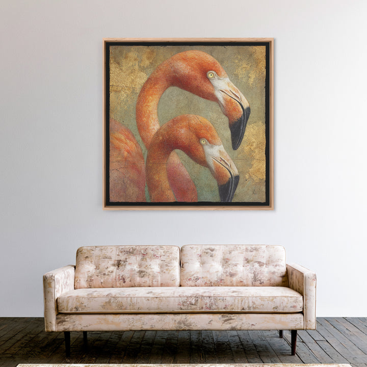 Flamingo Pair in Coral Water Reflections Canvas Print, Bird Art, Neutral Decor, Living Room Decor, Oil Painting, Flight, BIR-1x1-82