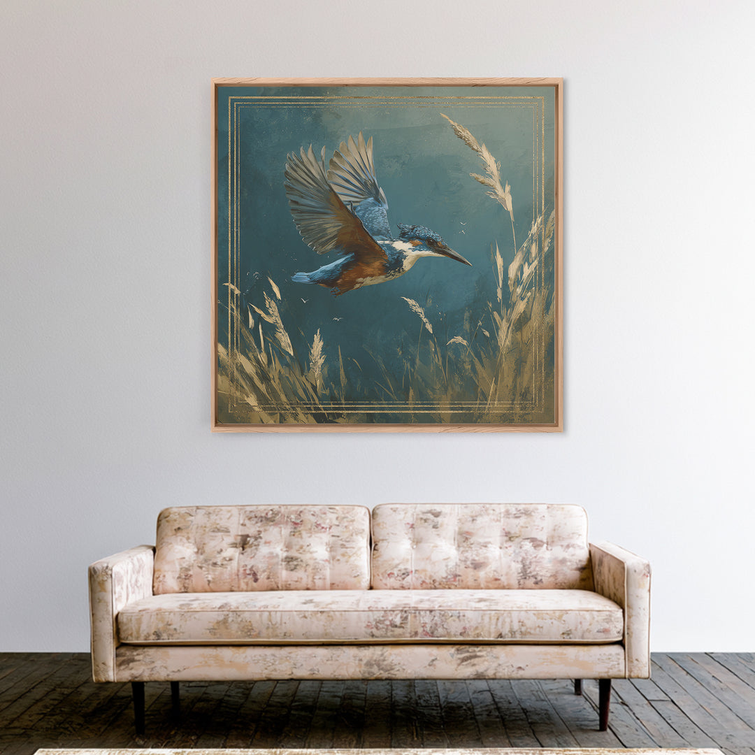 Kingfisher Diving Toward Blue Water Framed Canvas Print, Bird Art, Statement Artwork, Living Room Decor, Fine Art, Flight, BIR-1x1-83