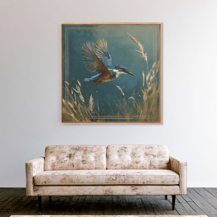 Kingfisher Diving Toward Blue Water Framed Canvas Print, Bird Art, Statement Artwork, Living Room Decor, Fine Art, Flight, BIR-1x1-83