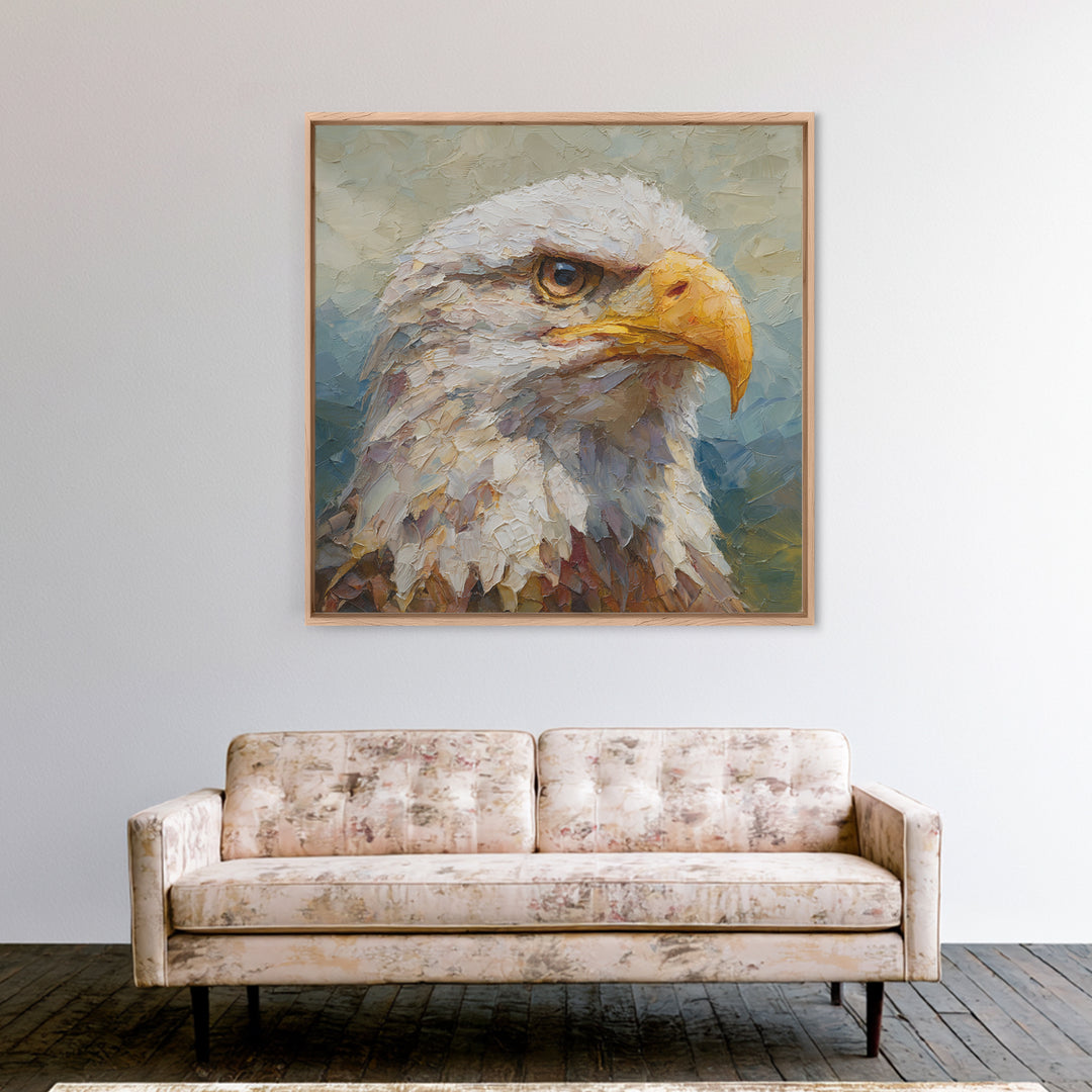 Eagle Portrait with Dramatic Mountain Wind Framed Canvas Print, Bird Art, Bird Wall Art, Living Room Decor, Fine Art, Flight, BIR-1x1-84