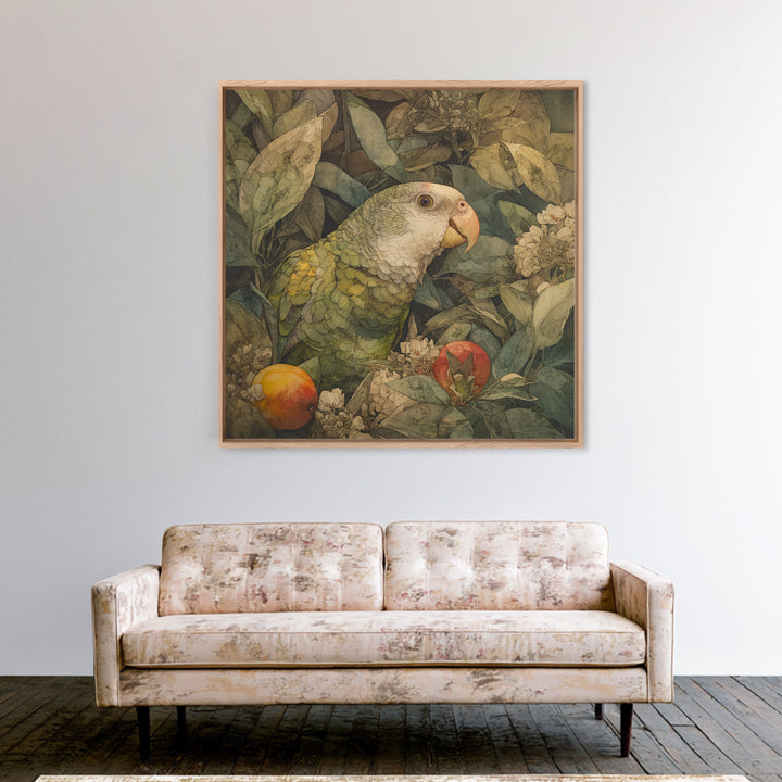 Parrot Among Tropical Leaves and Fruit Canvas Print, Bird Art, Boho Decor, Living Room Decor, Fine Art, Flight, BIR-1x1-85