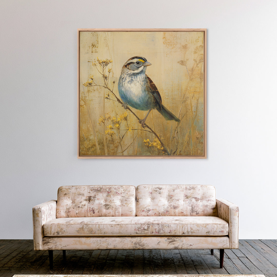 Small Sparrow on Wildflower Stem Canvas Print, Bird Art, Modern Decor, Living Room Decor, Oil Painting, Flight, Home Decor, BIR-1x1-86