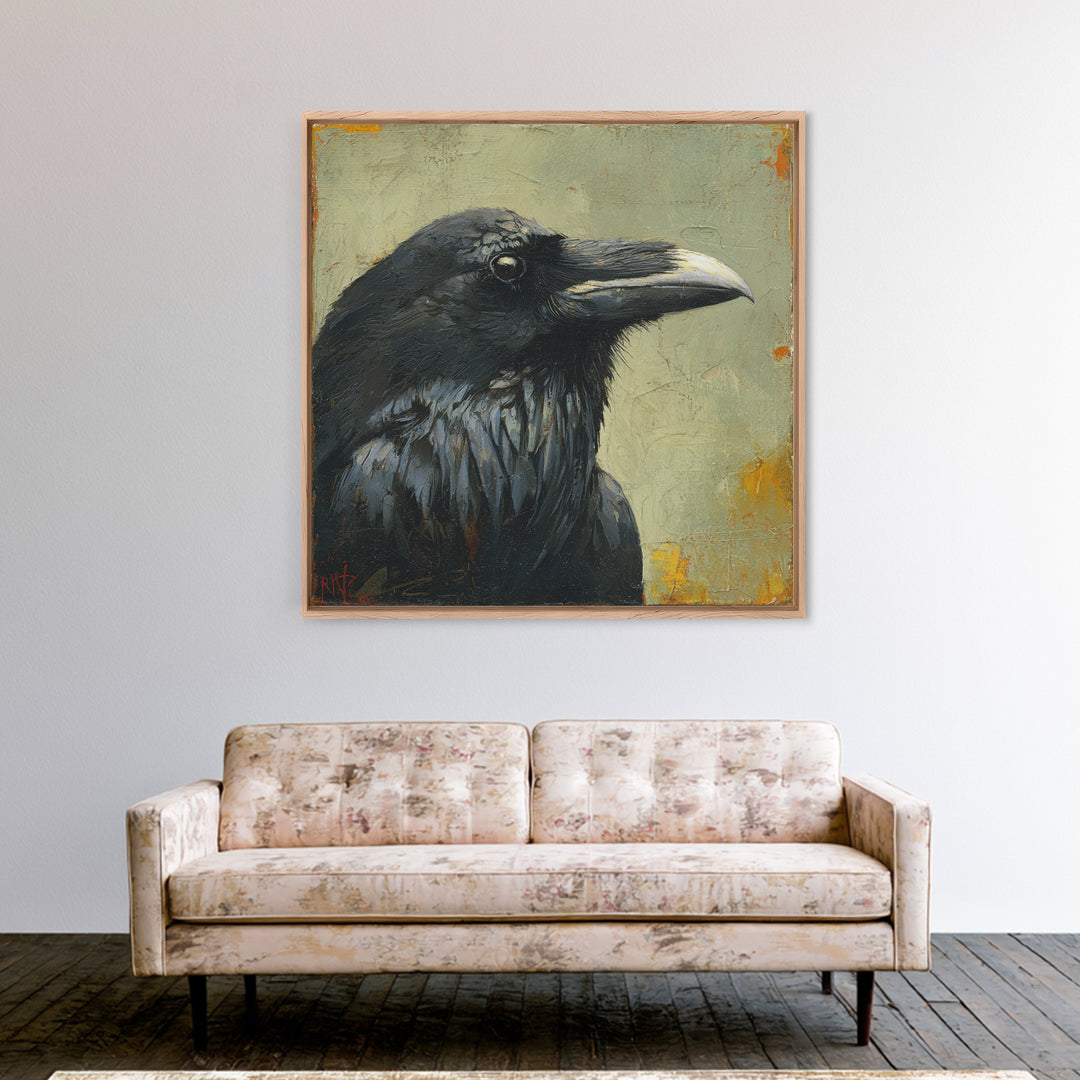 Raven Silhouette with Gothic Atmosphere Canvas Print, Bird Art, Floral Art, Living Room Decor, Fine Art, Flight, BIR-1x1-9