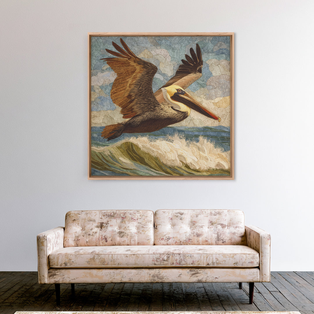 Pelican Flying over Coastal Waves Canvas Print, Bird Art, Rustic Home Decor, Living Room Decor, Fine Art, Flight, BIR-1x1-90