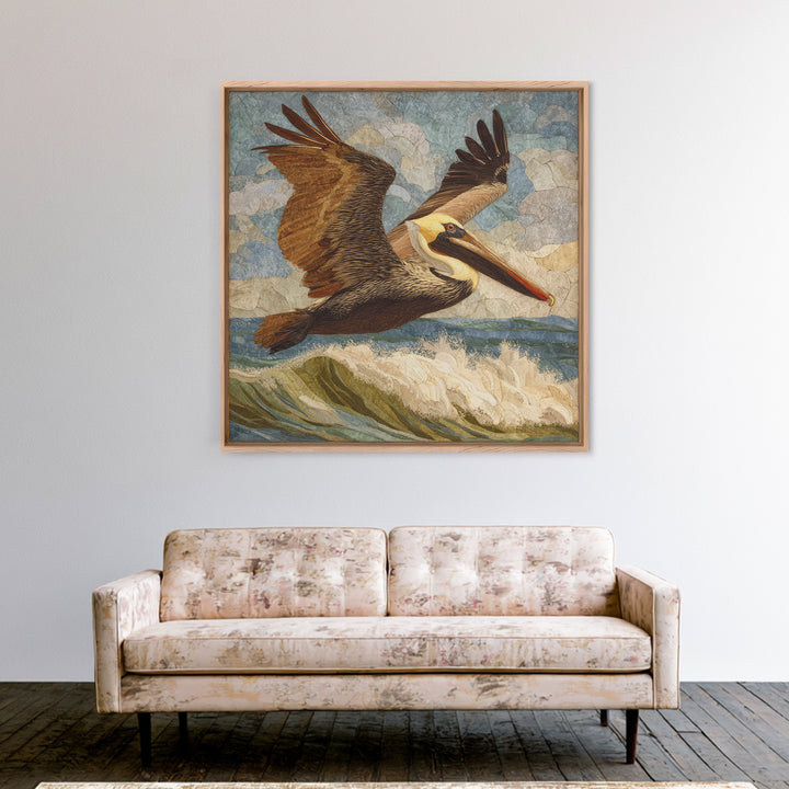 Pelican Flying over Coastal Waves Canvas Print, Bird Art, Rustic Home Decor, Living Room Decor, Fine Art, Flight, BIR-1x1-90