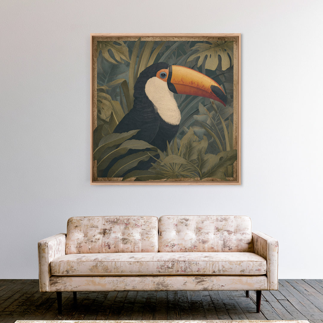 Toucan Framed by Bold Jungle Foliage Canvas Print, Bird Art, Neutral Decor, Living Room Decor, Fine Art, Flight, Wall Art, BIR-1x1-95