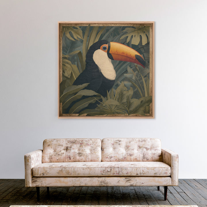 Toucan Framed by Bold Jungle Foliage Canvas Print, Bird Art, Neutral Decor, Living Room Decor, Fine Art, Flight, Wall Art, BIR-1x1-95