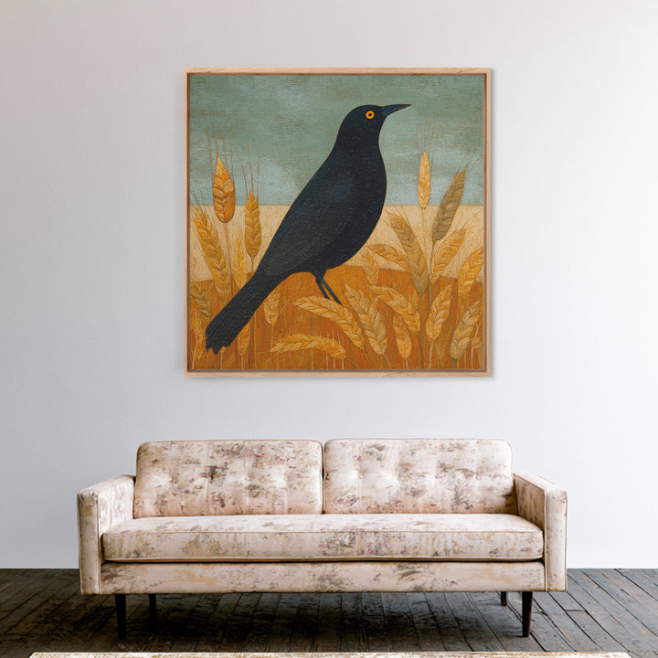 Blackbird on Gold Wheat Field Framed Canvas Print, Bird Art, Printable Wall Art, Living Room Decor, Fine Art, Flight, BIR-1x1-96