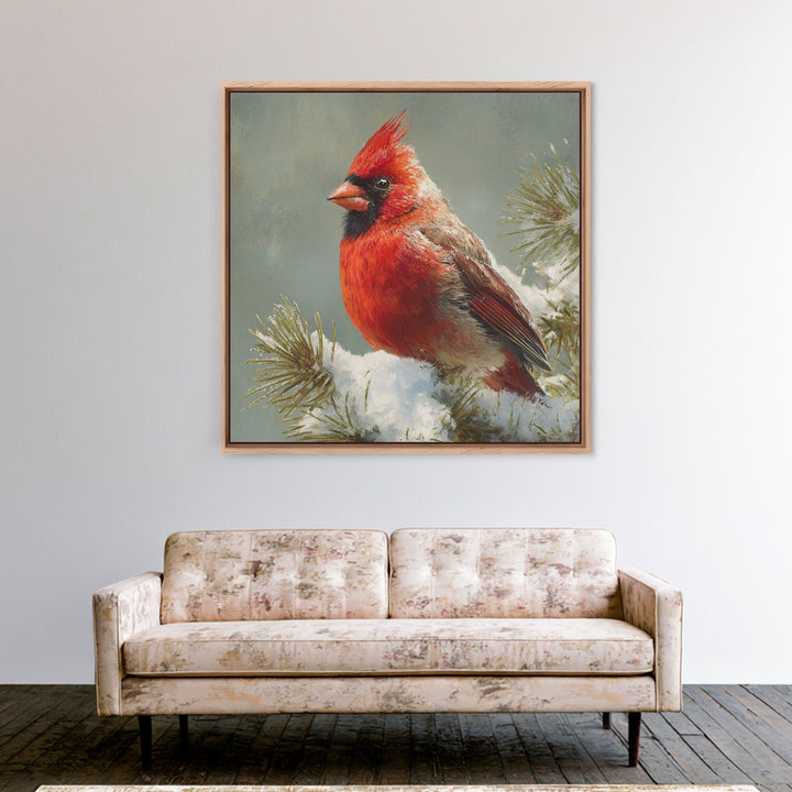 Red Cardinal on Snowy Pine Branch Canvas Print, Bird Art, Wall Art, Living Room Decor, Fine Art, Flight, Japanese Wall Art, BIR-1x1-97