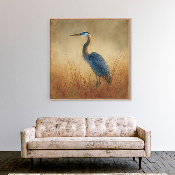 Blue Heron in Misty Marsh Grass Canvas Print, Bird Art, Boho Decor, Living Room Decor, Fine Art, Flight, Printable Wall Art, BIR-1x1-98