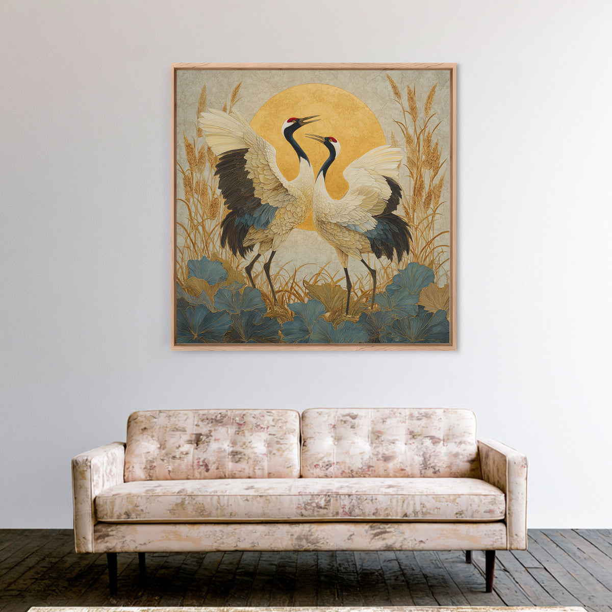 Pair of Cranes Dancing Canvas Print, Bird Art, Wall Art, Living Room Decor, Flight, Japanese Wall Art, Modern Wall Art, BIR-1x1-99