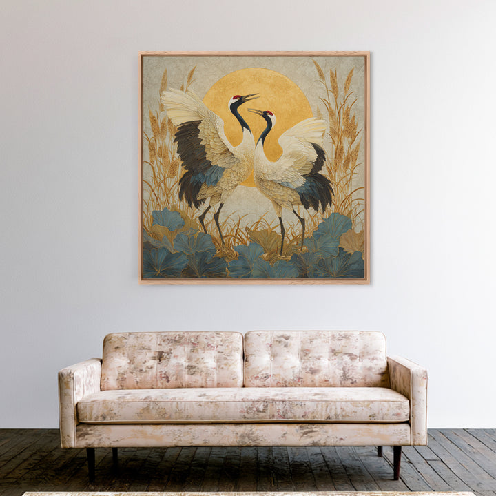 Pair of Cranes Dancing Canvas Print, Bird Art, Wall Art, Living Room Decor, Flight, Japanese Wall Art, Modern Wall Art, BIR-1x1-99