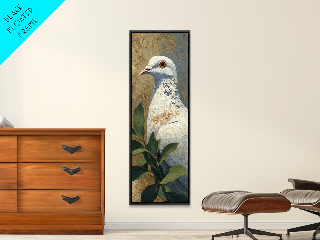 White Dove with Olive Branch and Calm Canvas Print, Bird Art, Gallery Wall, Living Room Decor, Oil Painting, Flight, BIR-1x3-100