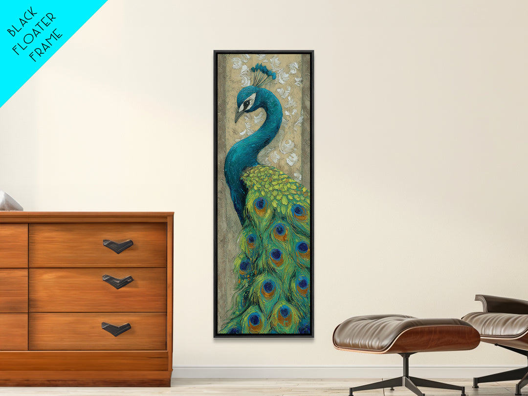 Peacock with Jewel Tone Feather Pattern Framed Canvas Print, Bird Art, Wall Decor, Living Room Decor, Fine Art, Flight, BIR-1x3-19