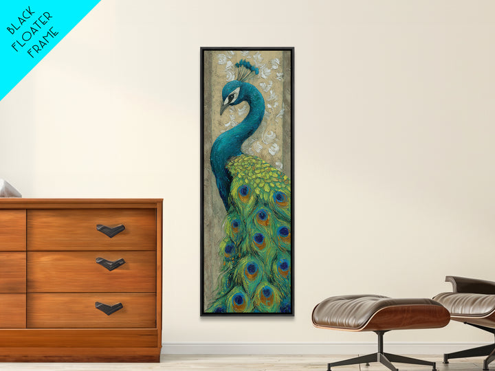 Peacock with Jewel Tone Feather Pattern Framed Canvas Print, Bird Art, Wall Decor, Living Room Decor, Fine Art, Flight, BIR-1x3-19